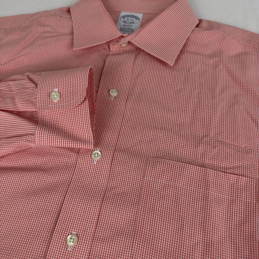 Brooks Brothers Regent Dress Shirt Mens 16-33 Orange, White Non-Iron 100% Cotton